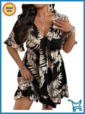 Plus Size V Neck Short Sleeve Ruffle Hem A Line Short Dress Casual Summer